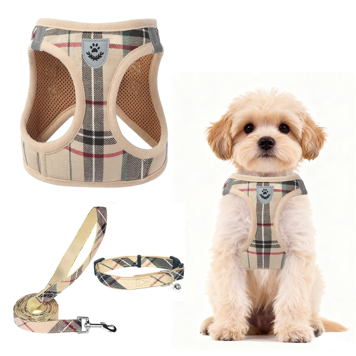 Dog Harness Collar and Leash Set No Pull for Small Medium Sized (Beige / S (CHEST 14.5"-16"))