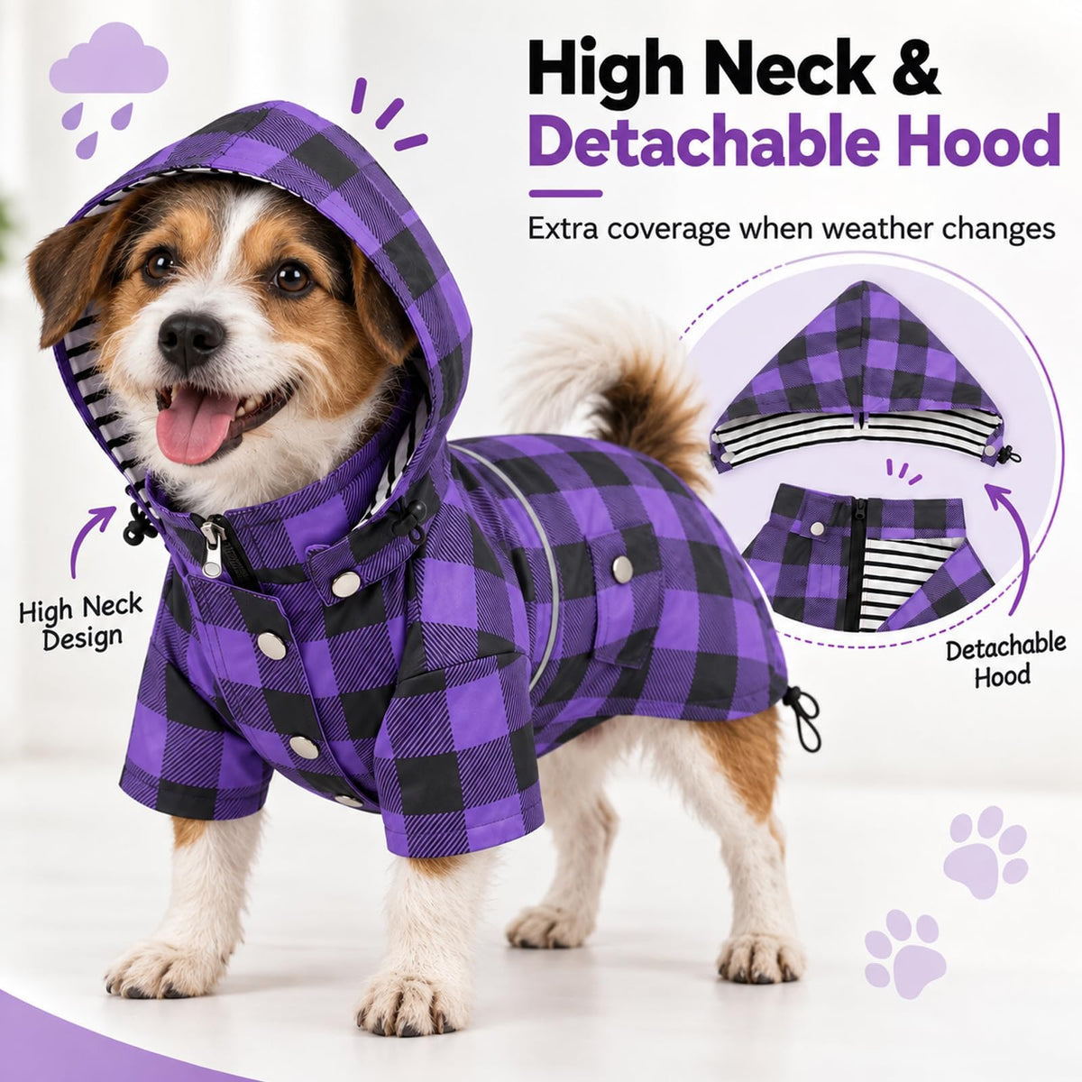 Dog Rain Coat Waterproof Raincoat Puppy Jacket with Buttons Zipper Hood Drawstring Fit for Yorkie Terrier Schnauzer Poodle Border Collie Labrador Golden Retriever 8lbs to 80lbs (Large / Purple/Black Paid)