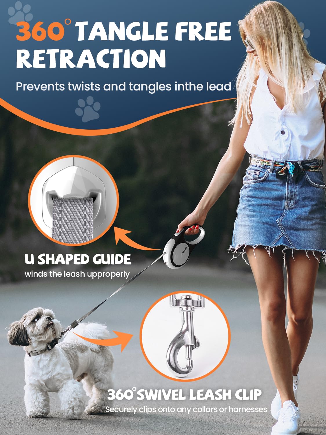Retractable Dog Leash with LED Flashlight (White)
