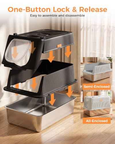 XL Stainless Steel Cat Litter Box with Lid (Black / 24" L × 16" W × 16" H)