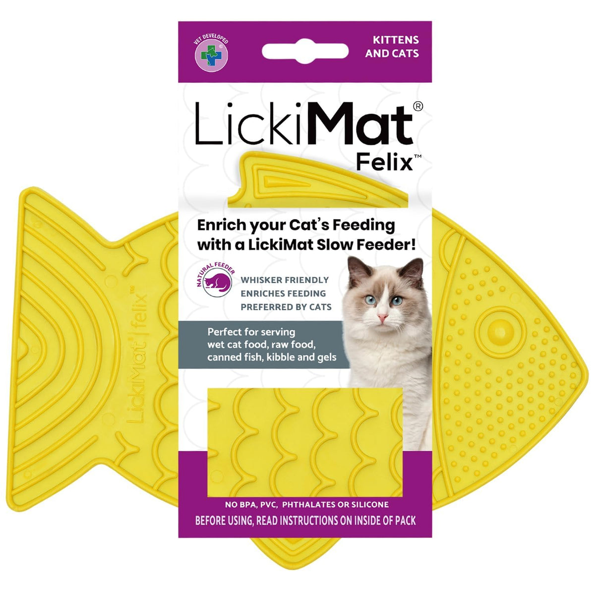 Felix, Fish-Shaped Cat Slow Feeders Lick Mat, Boredom Anxiety Reducer; Perfect for Food, Treats, Yogurt, or Peanut Butter. Fun Alternative to a Slow Feed Cat Bowl or Dish, Yellow (Yellow)