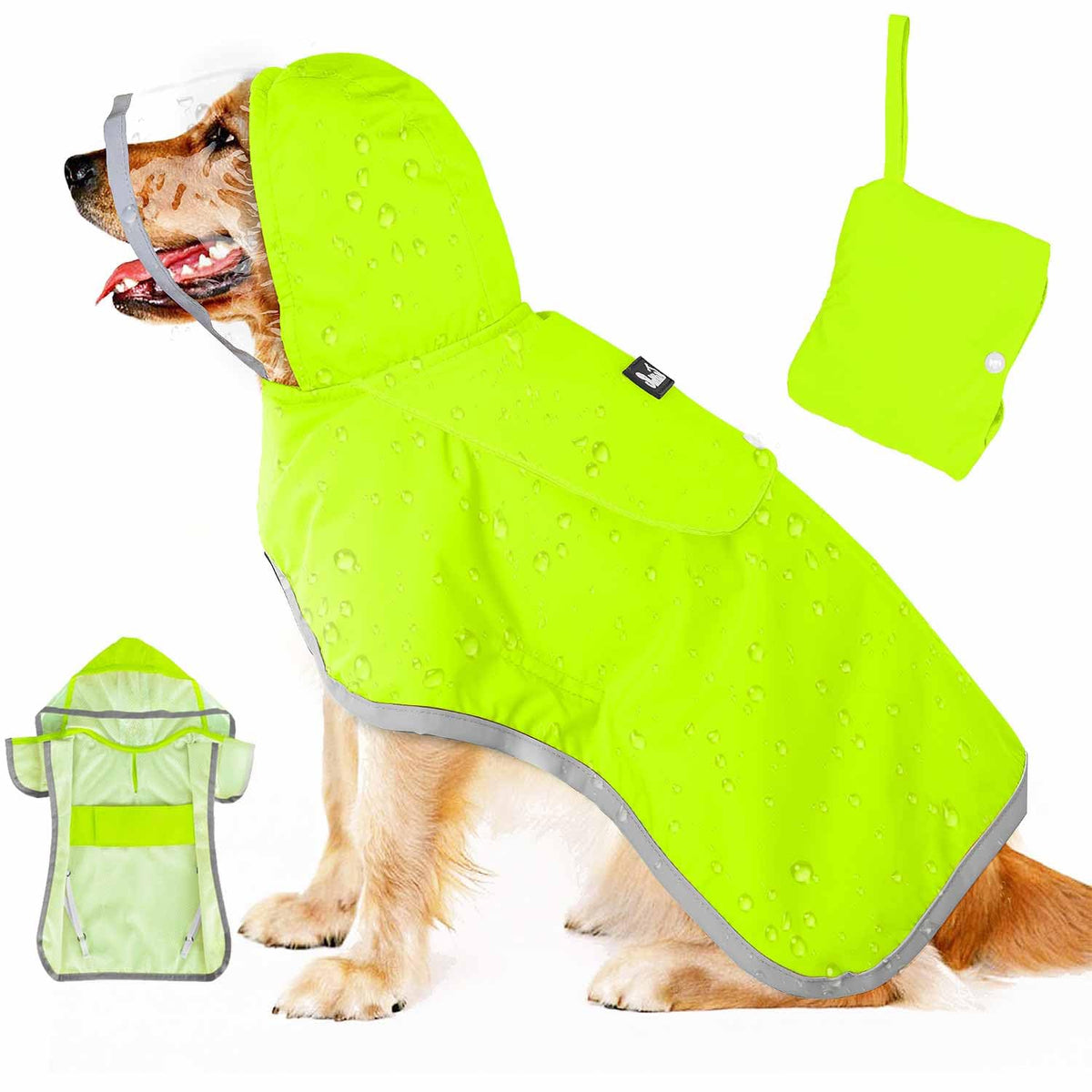 Dog Raincoat Waterproof Jacket with Clear Hood & Leash Hole (Green / 2X-Large)