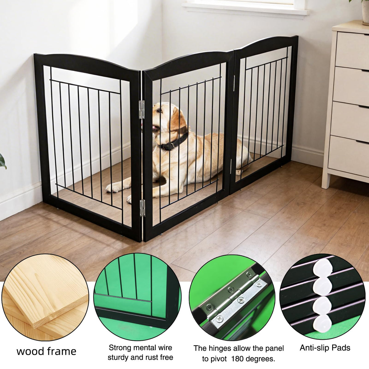 Freestanding Foldable Dog Gate for House Extra Wide Wooden Black Indoor Puppy Gate Stairs Doorways Pet Gate Tall Dog Fence 3 Panels Fence (Black / 【3 Panels】60''w x 24''h)