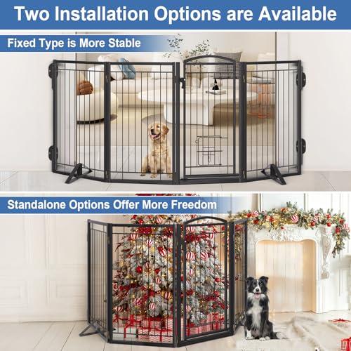 Full Metal Freestanding Dog Gate with Cat Door for Indoor & Outdoor (Black / 【4 Panels with Door】80"W×36"H)
