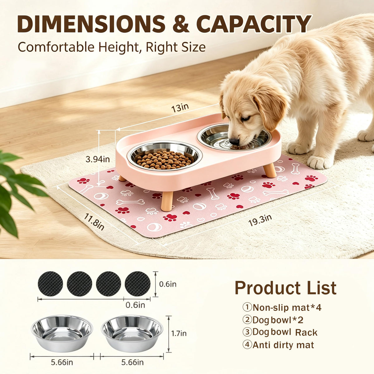 Elevated Dog Bowls with Mat (Pink)