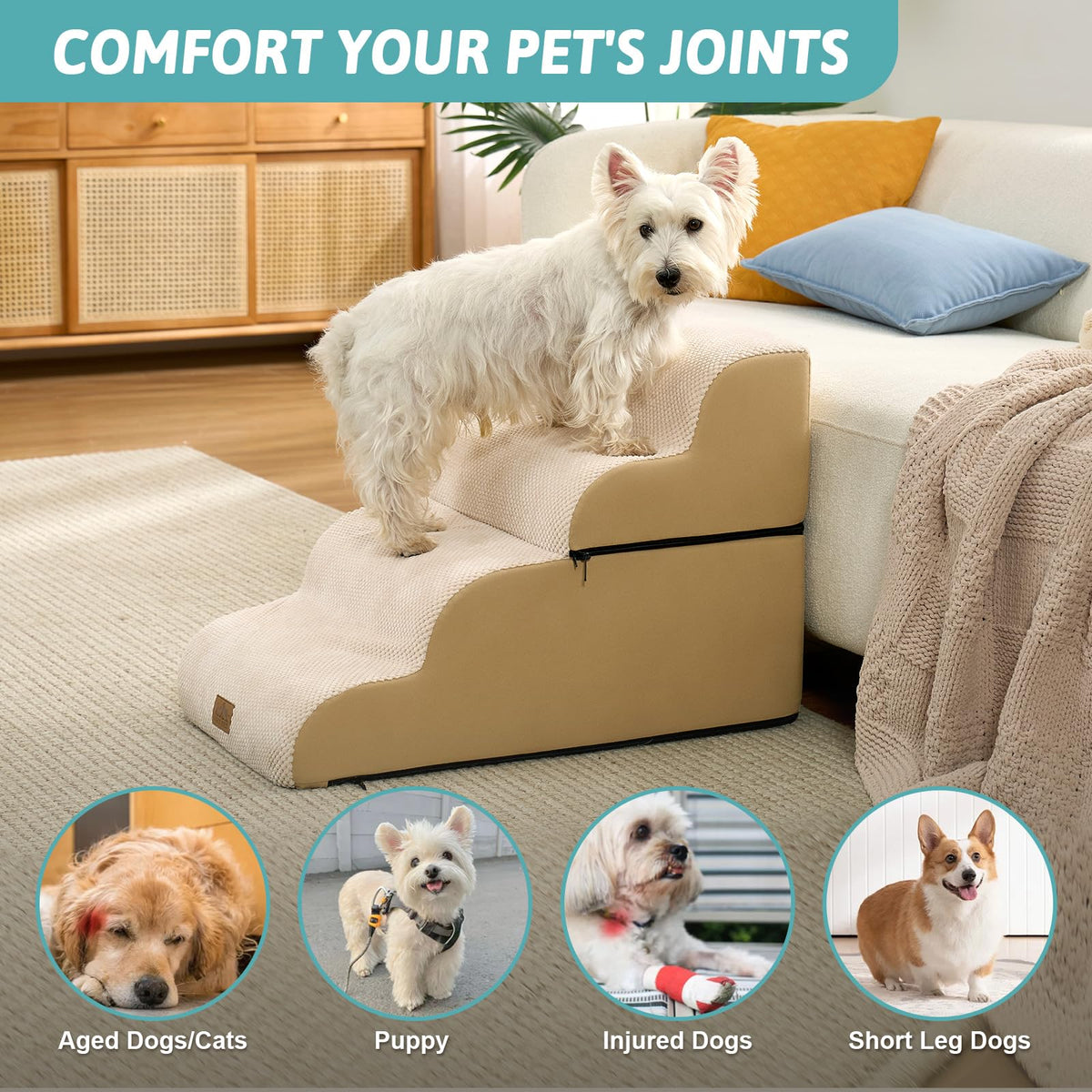 Detachable Small Dog Stairs 19.7" H (Beige / Detachable 17.7" x 28.3"x 19.7")