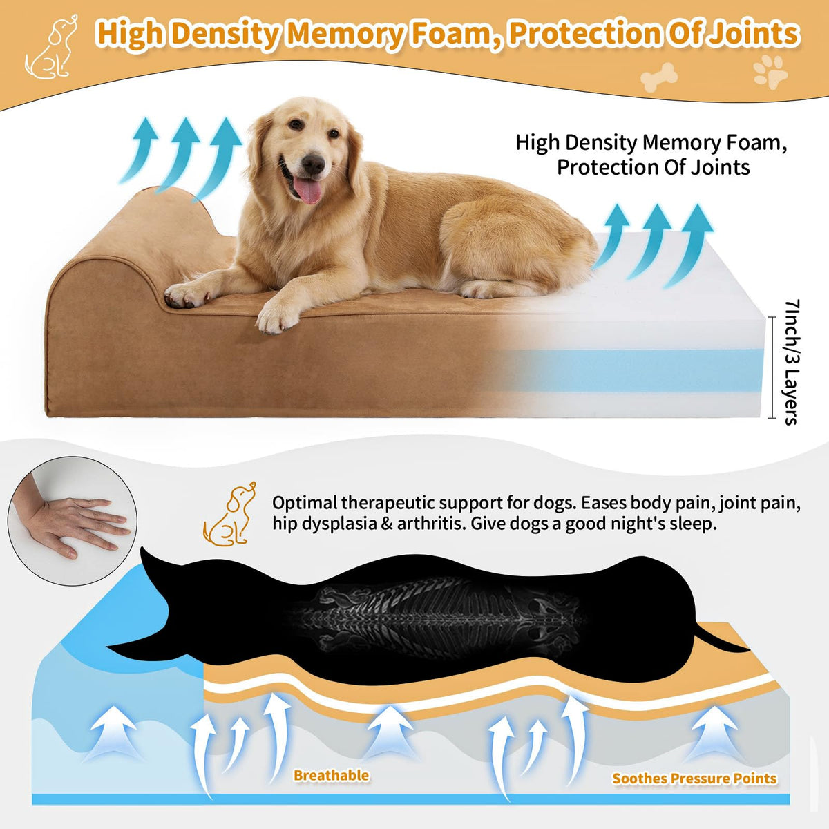 Orthopedic Dog Beds for Large Dogs (48.0"L x 30.0"W x 7.0"TH / Premium Version-Khaki)