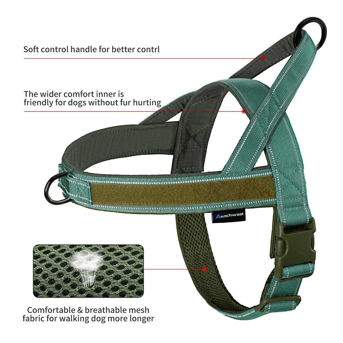 No Pull Dog Harness with Padded Handle+5 Ft Leash (M / Reflective-Green Set)