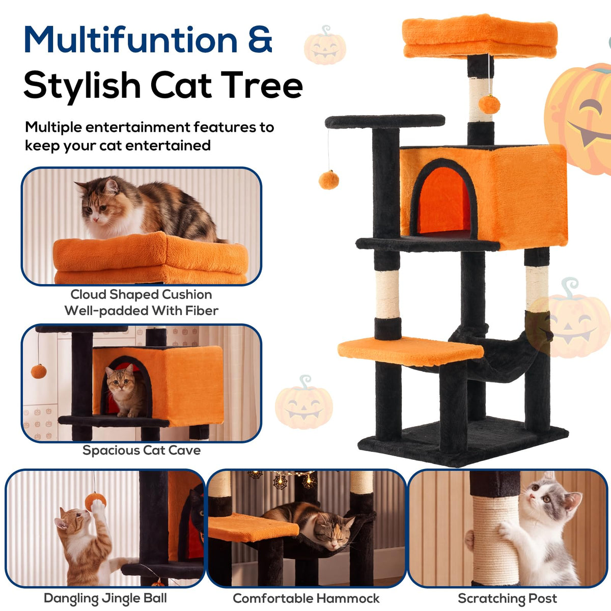 44 Inch Cat Tree Tower with Natural Sisal Scratching Posts (Black & Orange / 44 Inch)