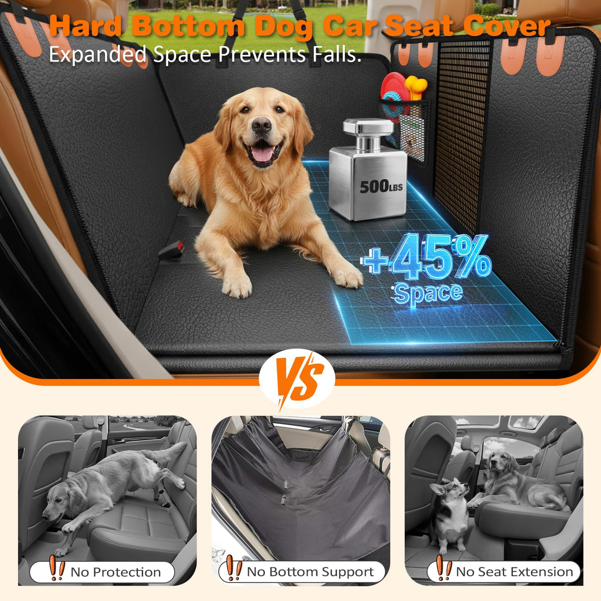 PU Leather Hard Bottom Dog Seat Cover for Full (Black - Orange / XL - for Full Size Crew Cab Trucks)