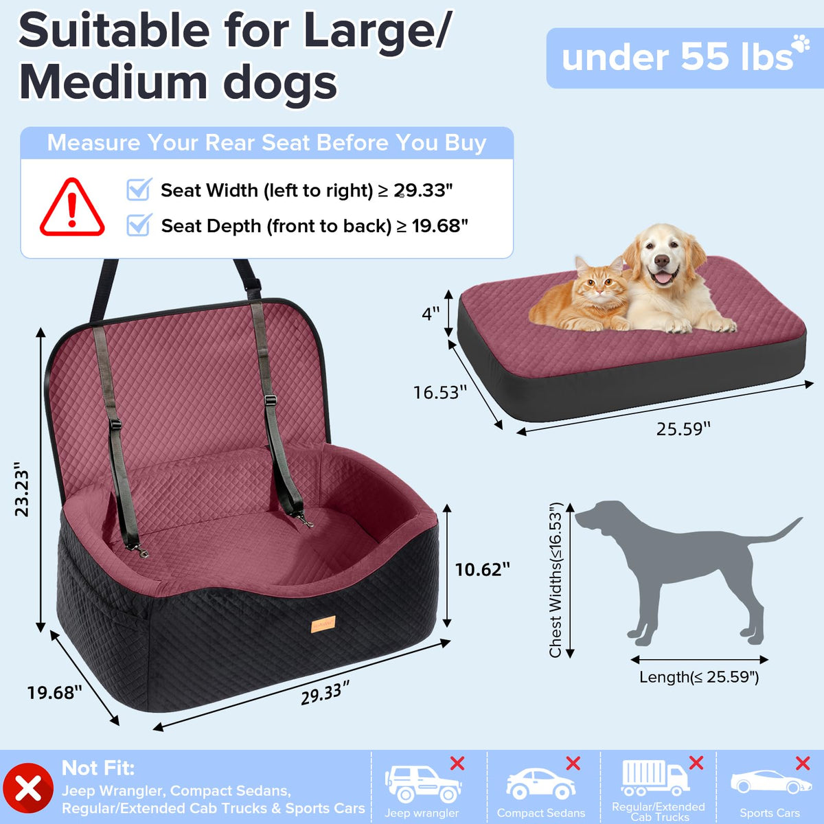Large Dog Car Seat for Medium Sized Dogs Under 55lbs or 2 Smalls (Mauve / Large)