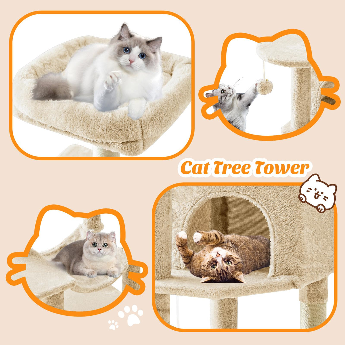 Small 44 in Cat Tree Tower with Natural Sisal Scratching Posts (Beige / 43.6Inch)
