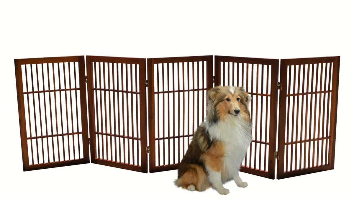 Pet Dog Gate Freestanding (5 Panel 30" Tall / Brown Pet Gate)