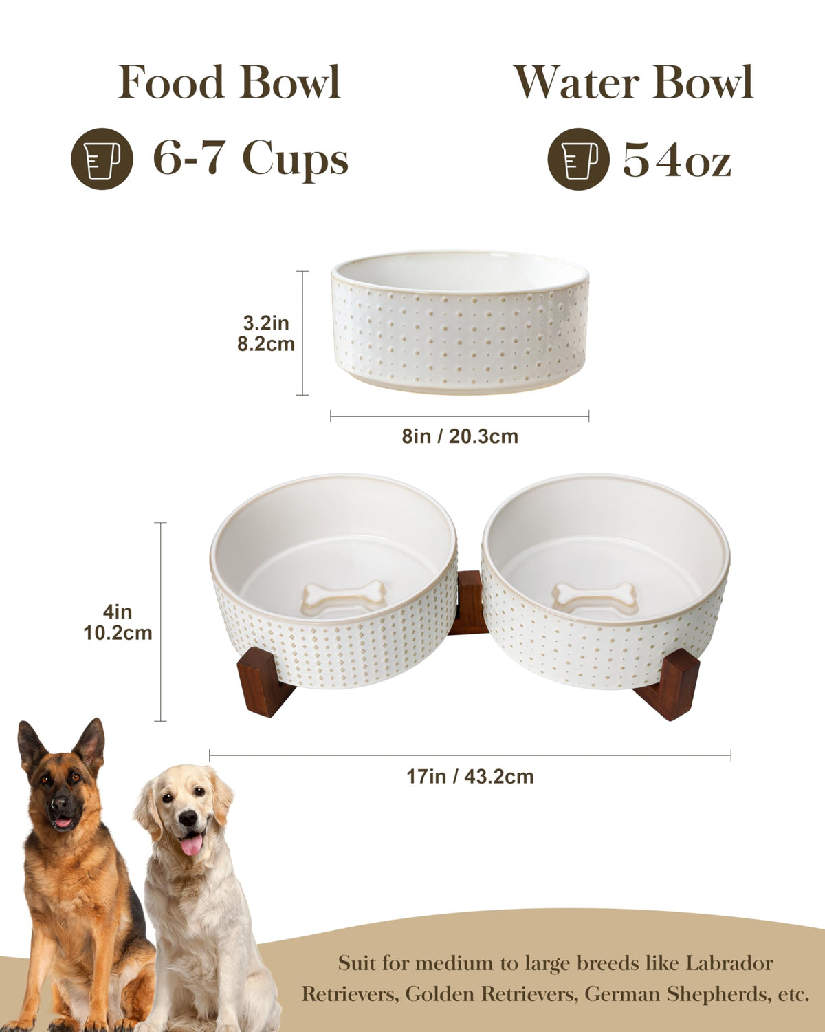 Dog Bowl Set Ceramic Bowls with Walnut Wood Stand (Rhombic+Polka Dots / 6 Cups)