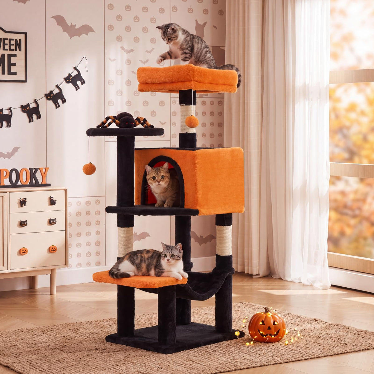 44 Inch Cat Tree Tower with Natural Sisal Scratching Posts (Black & Orange / 44 Inch)