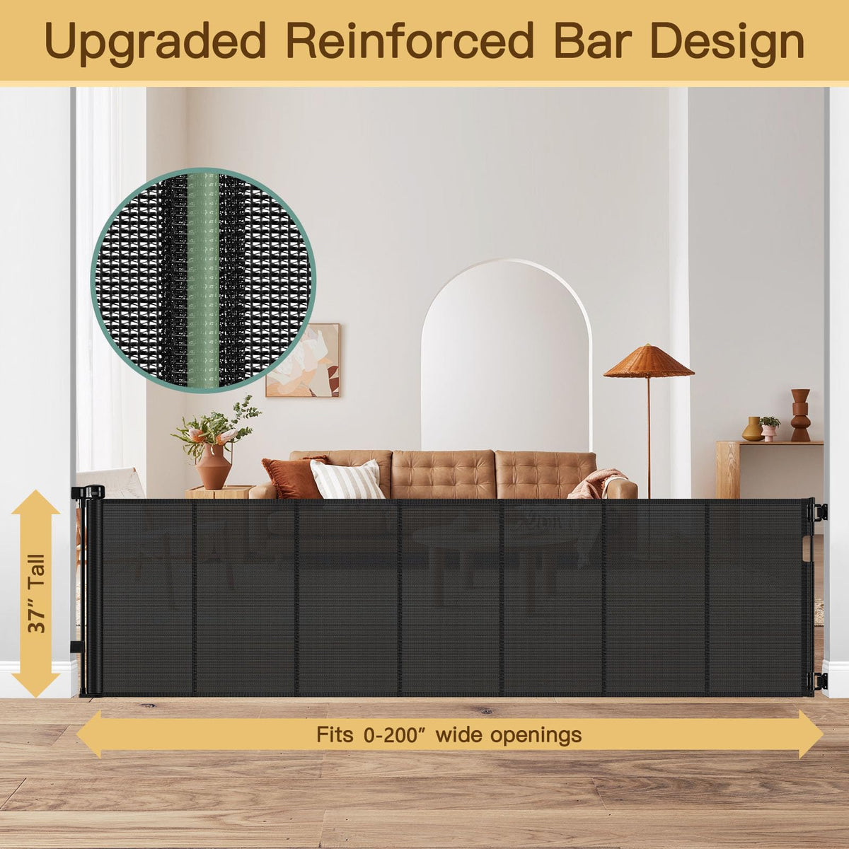 Reinforced 200 Inch Extra Wide Retractable Baby Gates to Prevent Crawling Through (Black / 37" Tall x 200" Wide（ With Reinforced Bar ）)