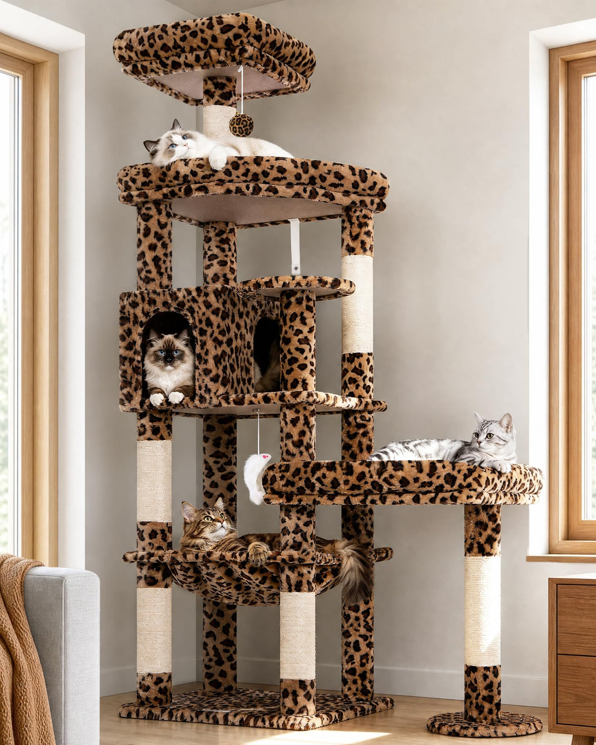 65in Leopard Cat Tree for Indoor Large Cats (65inch / Leopard Print)