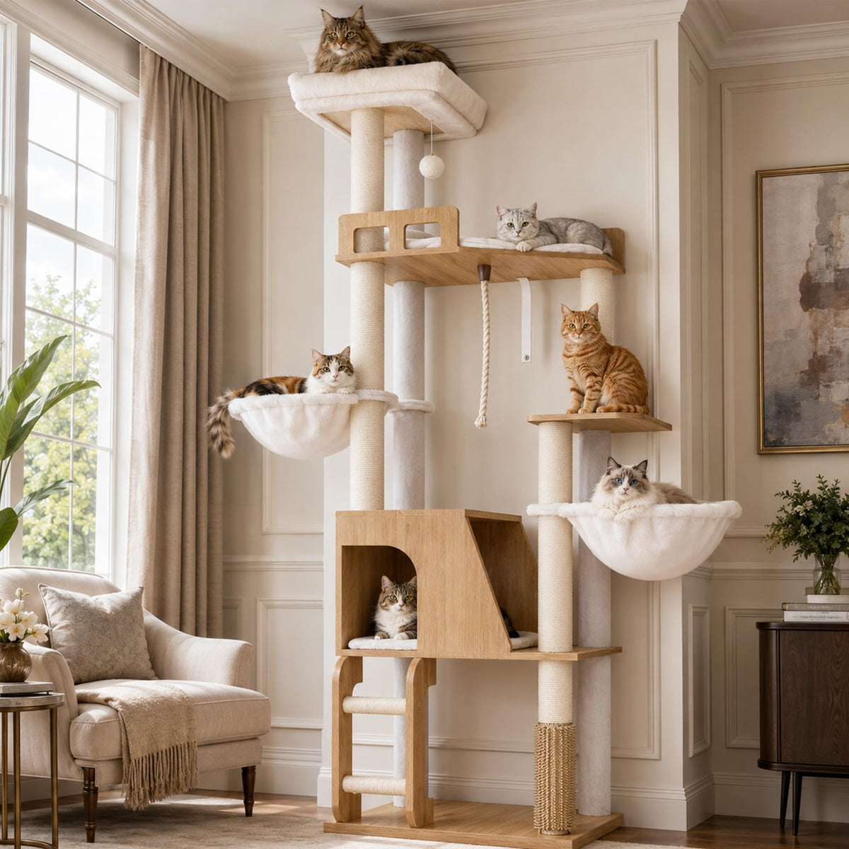 Wooden Cat Tree Tower with Large Condos (White Oak)