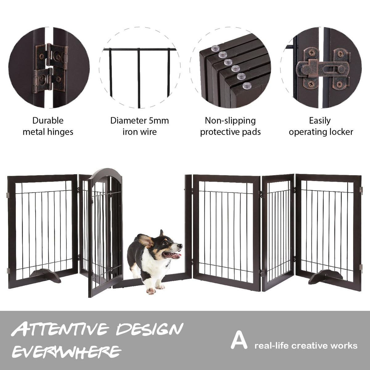 Dog Gate Indoor with Door (Espresso / 【6 Panels with Door】144"W x 32"H)