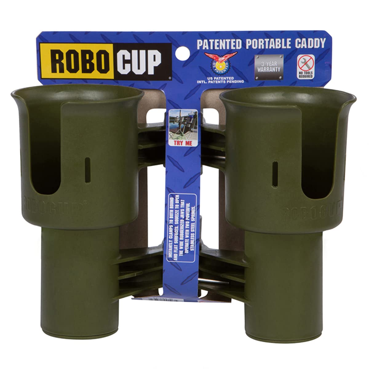 Olive), Patented Clamp On Boat Cup Holder |Multifunction Dual Drink Caddy for Fishing Poles, Tools, Net, Gaff |Portable Storage for Boating, Beach, Umbrellas, Golf Carts, Strollers (Olive / Standard Spring)