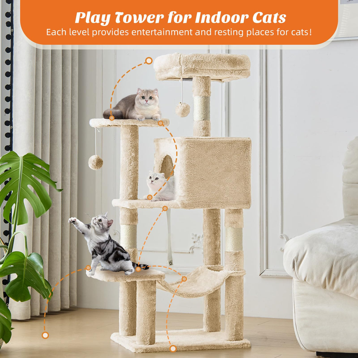 Small 44 in Cat Tree Tower with Natural Sisal Scratching Posts (Beige / 43.6Inch)