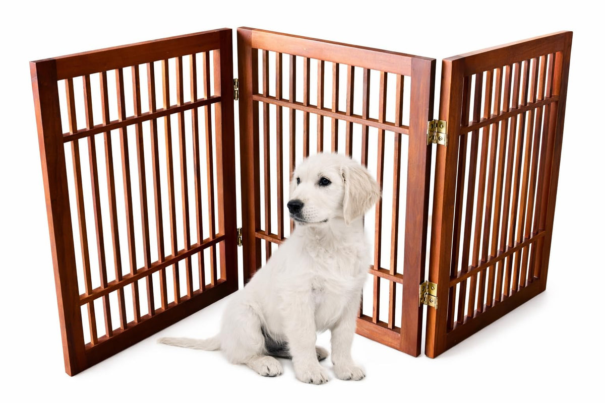 Freestanding Wooden Dog Gate Foldable Indoor Pet Gate No Drill Expandable Barrier for Doorways Stairs Hallways Portable Wood Fence for Small Dogs & Puppies (3 Panel 24" Tall / Brown Pet Gate)