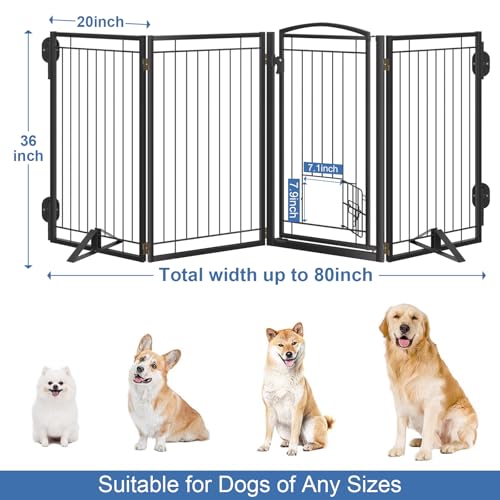 Full Metal Freestanding Dog Gate with Cat Door for Indoor & Outdoor (Black / 【4 Panels with Door】80"W×36"H)