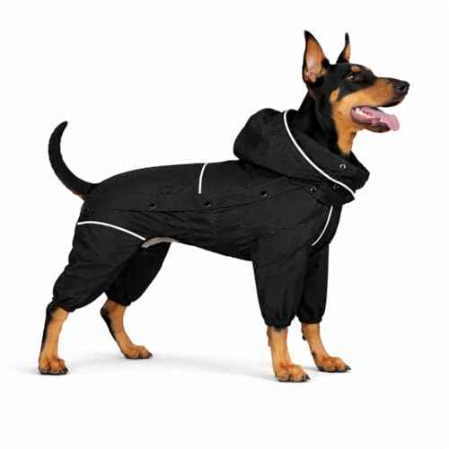 Fleece Lined Dog Raincoat with Removable Hood (Black-Fleeced / 3XL (Back 22"))
