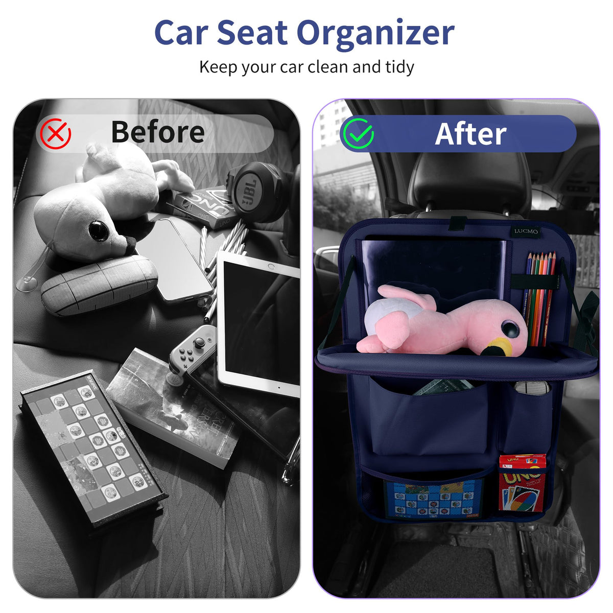 Car Backseat Organizer with Foldable Tablet Holder (Dark Blue-3 / 2 Pack with Food Tray)