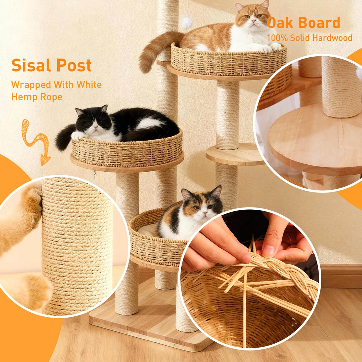 54in Solid Wood Cat Tree for Indoor Cats