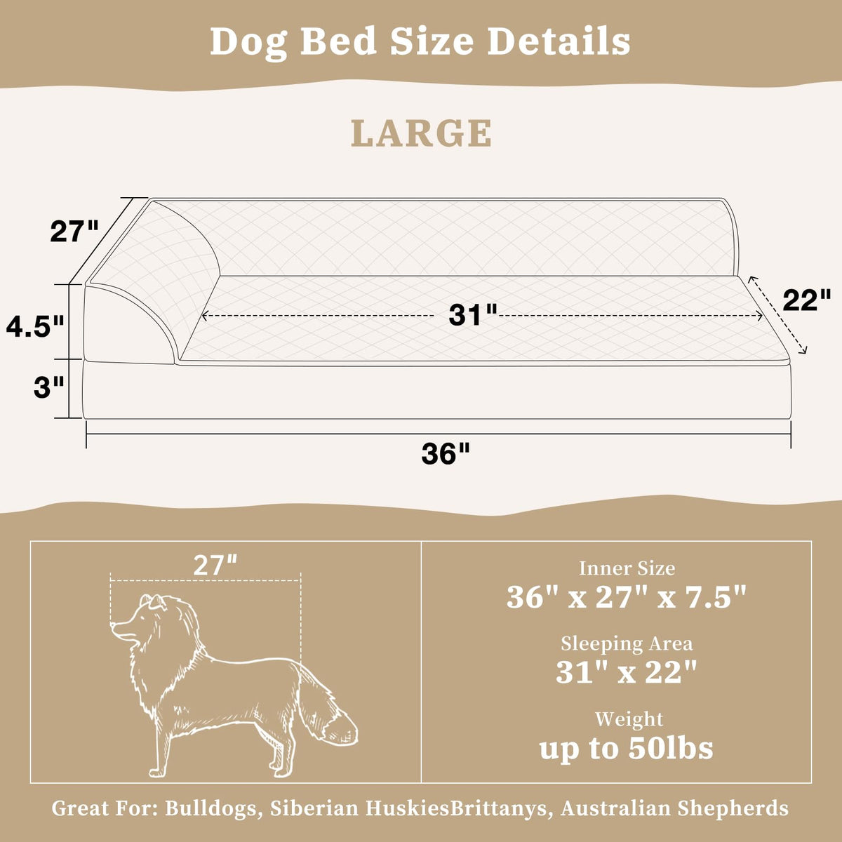 Orthopedic Dog Bed for Large Dogs (36"L x 27"W x 7.5"Th / Grey)