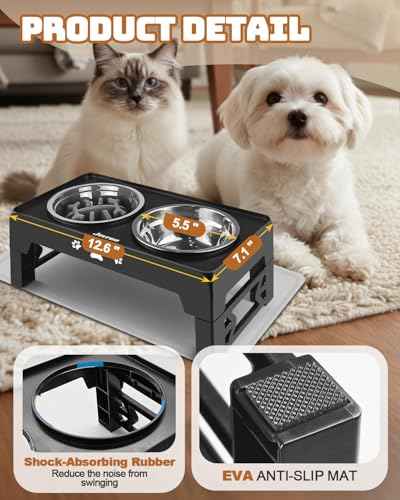 Elevated Dog Bowls for Small Dogs and Cats with Mat (for Small Dogs 1 Basic&1Slow Bowl with Mat / Black)