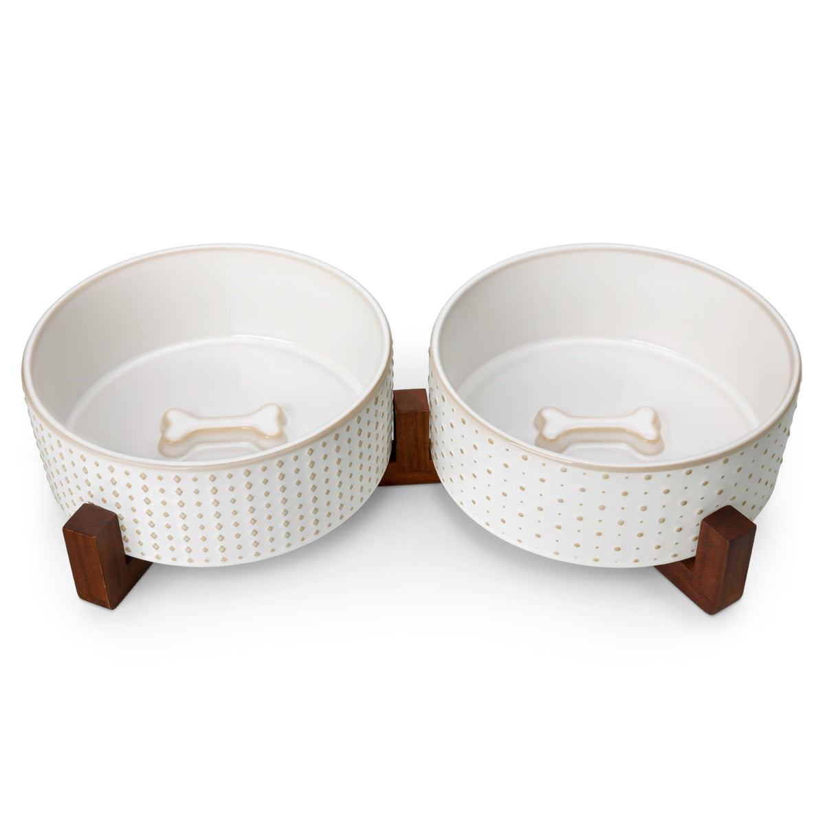 Dog Bowl Set Ceramic Bowls with Walnut Wood Stand (Rhombic+Polka Dots / 6 Cups)