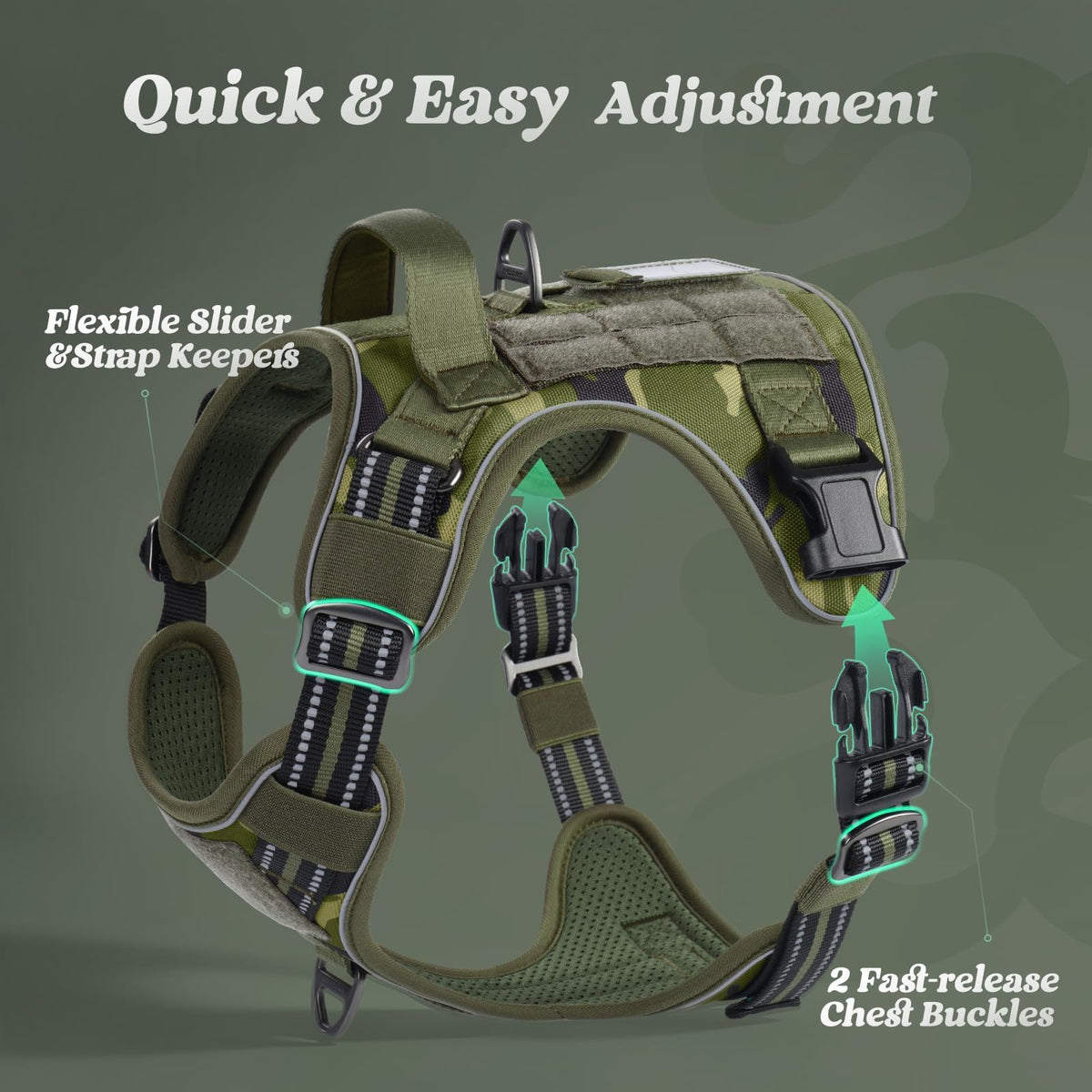 Tactical Dog Harness for Large Dogs (Xl(chest:23.6"-41.8",neck:21.7"-32.3",back:9.1") / Green Camo)