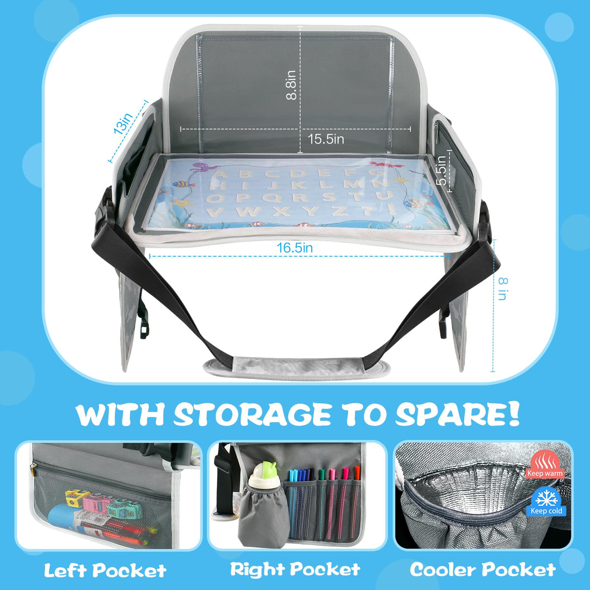 Kids Travel Tray for Boys or Girls (Grey+Blue)