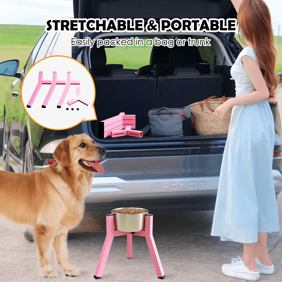 Elevated Dog Bowl Stand for Medium Large Dogs (Pink, Square / Height: 11", Width: 7-10.6")