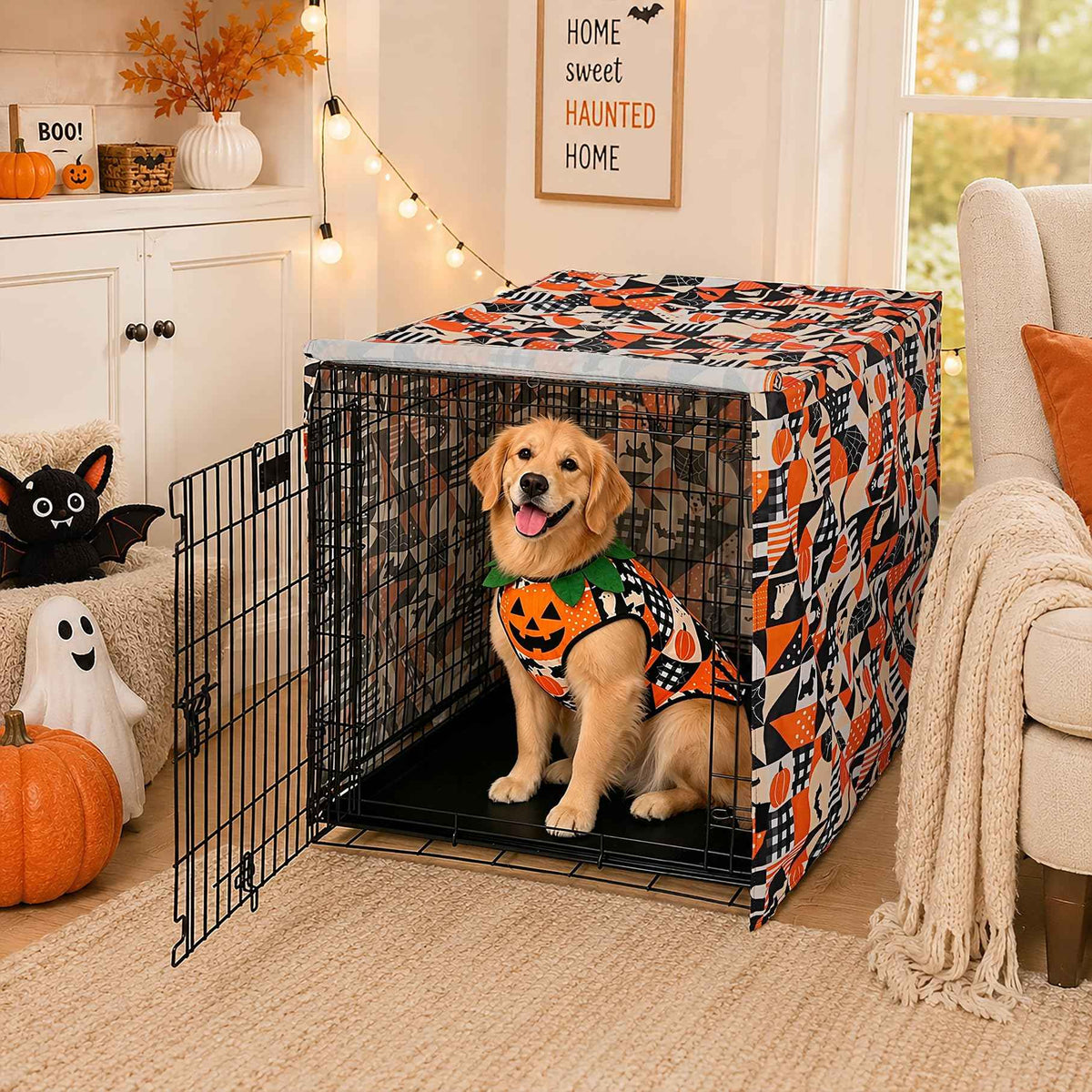 Halloween Pattern Dog Crate Cover (Orange Dog Grid / 36.0"L x 23.0"W x 25.0"H)