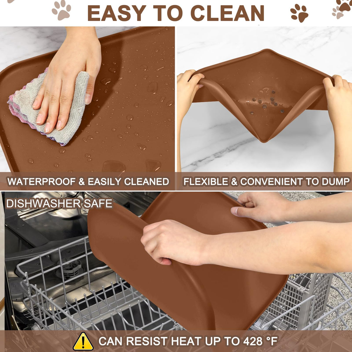 Waterproof Silicone Pet Food Mat with Raised Edge for Dog & Cat (Brown / 19"L x 12"W)
