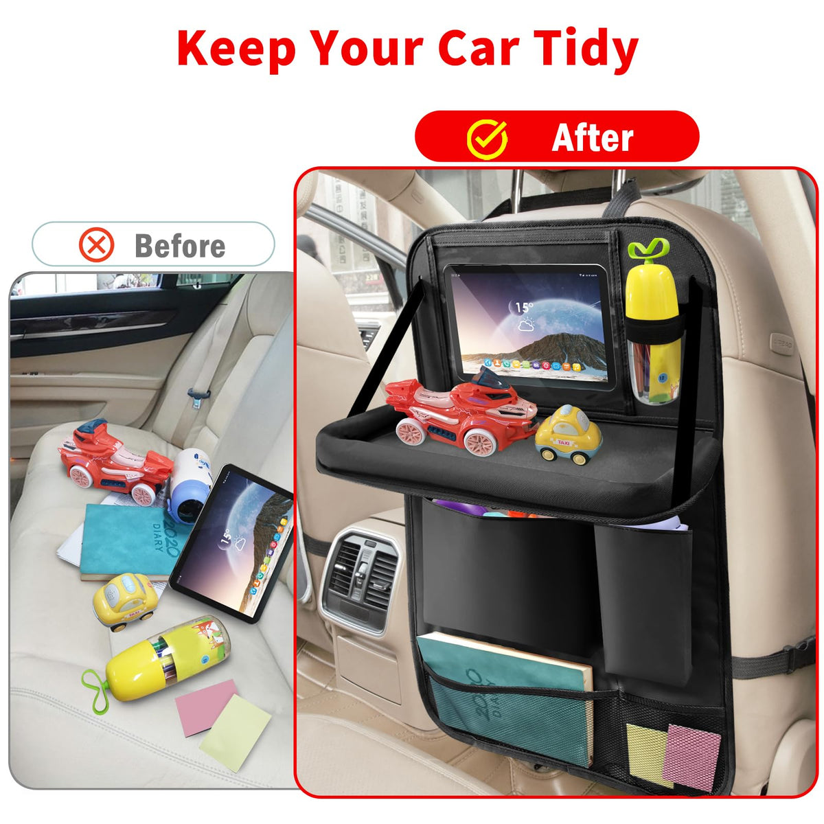 Car Backseat Organizer with Tablet Holder (1Pack / Black)