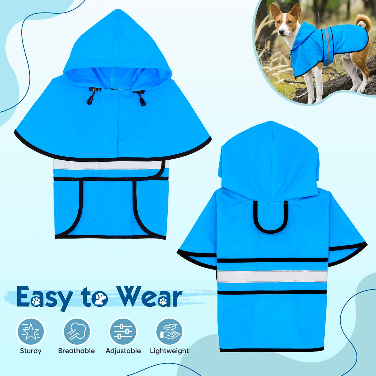 Dog Raincoat Adjustable Dog Rain Jacket Hooded Poncho Slicker (Large / Blue)