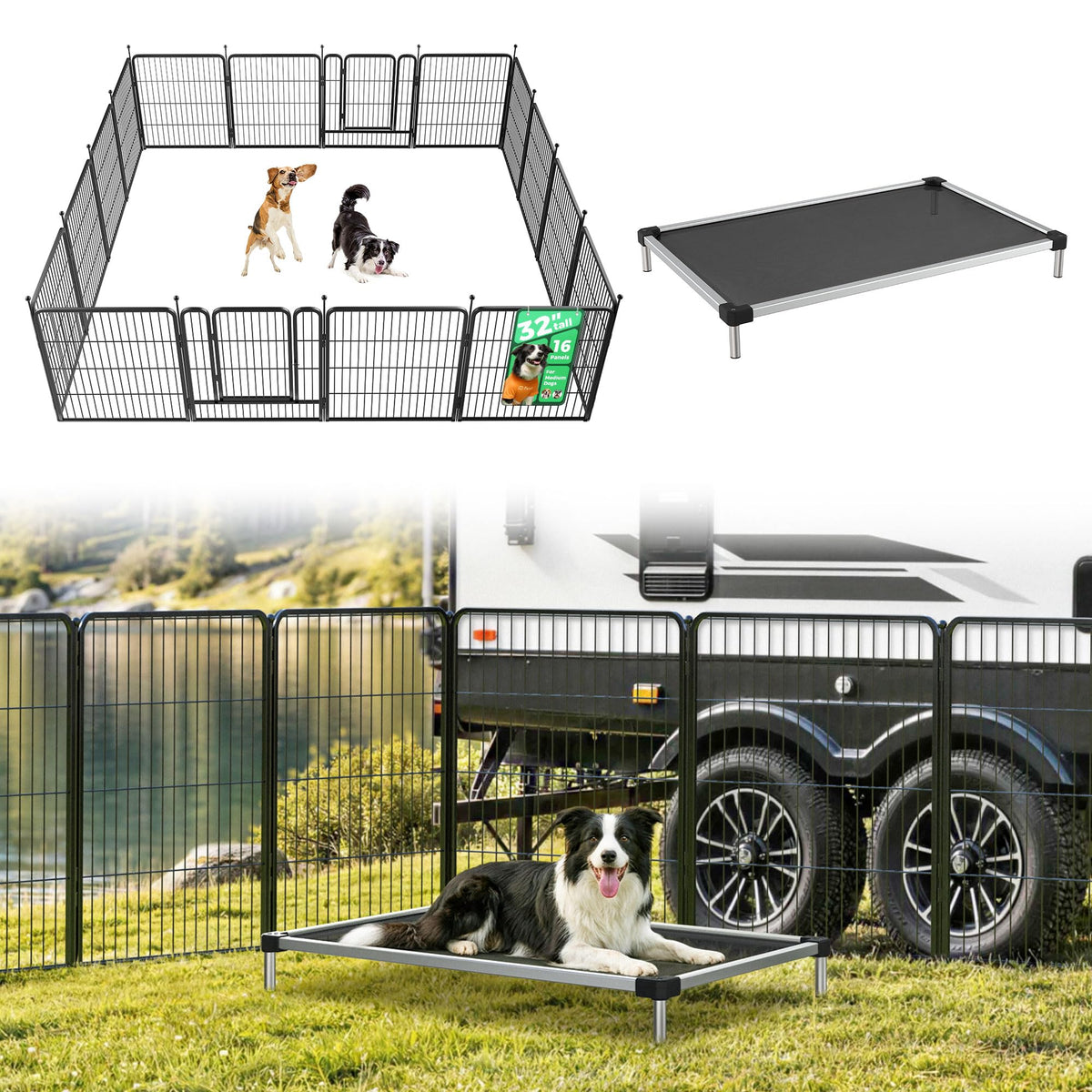 Rollick Dog Playpen with Cooling Mesh Dog Bed (Black / 32"H)