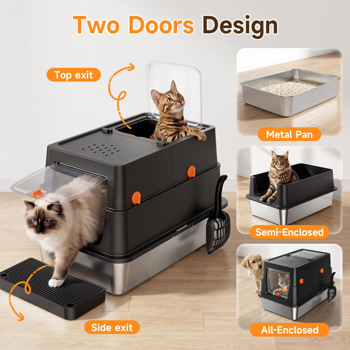 XL Enclosed Stainless Steel Litter Box with Lid (Carbon Black)