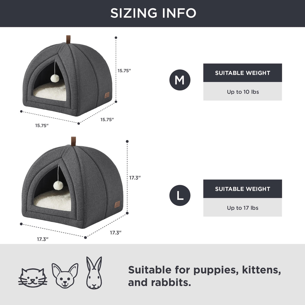 2in1 Cat Beds for Indoor Cats Cave for Kitten with Washable Pillow (L(17.3x17.3x17.3) / Dark Grey)