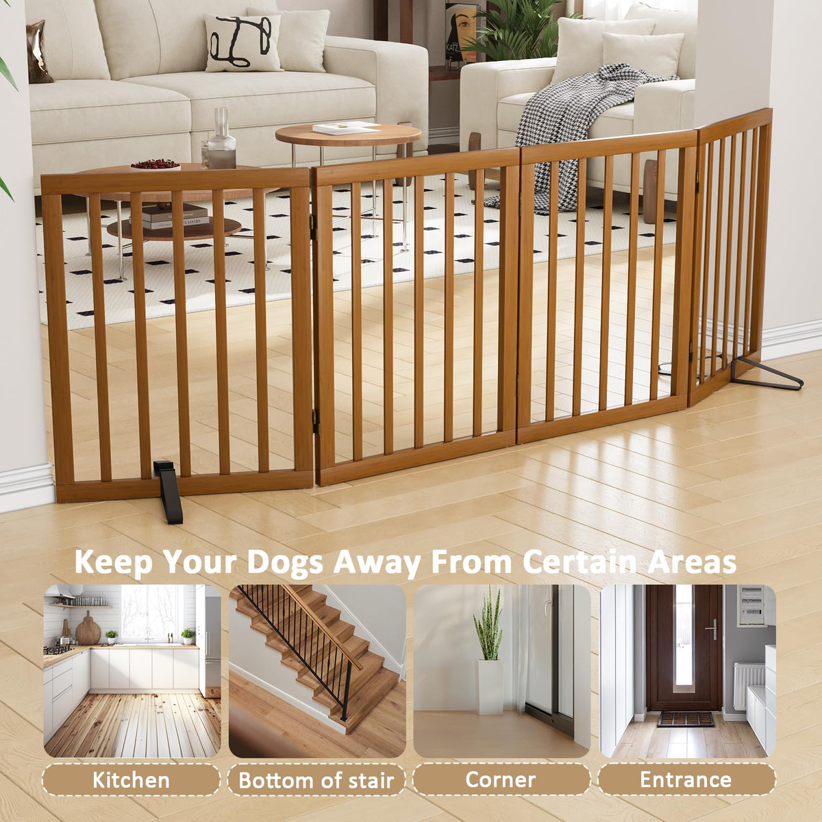 Freestanding Pet Gate Foldable 4 Panel Dog Gate Walnut Dog Gates for Stair Doorways House Indoor (Walnut / 4 Panel - 74 inches Wide)
