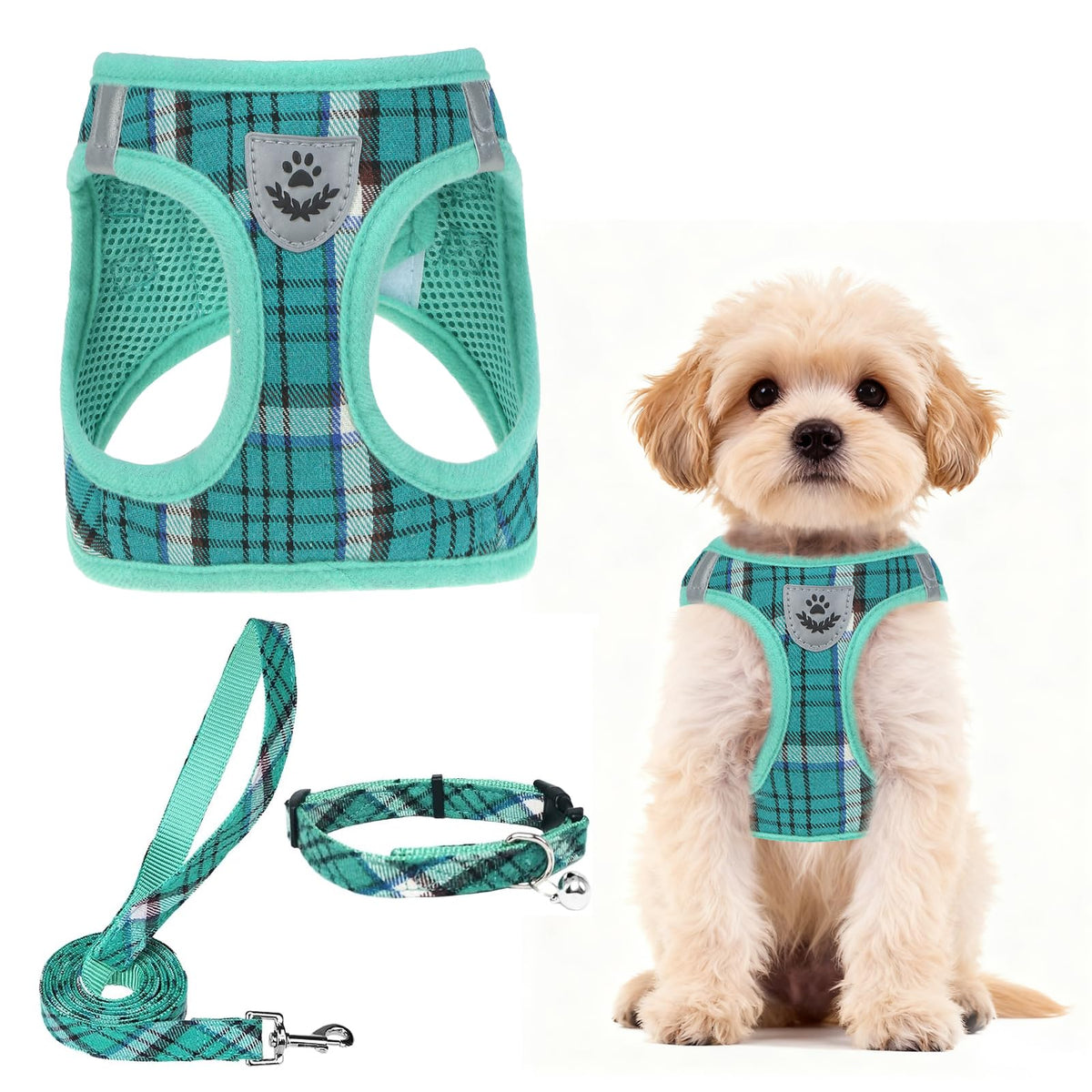 Dog Harness Collar and Leash Set No Pull for Small Medium Sized (Lake Green / S (CHEST 14.5"-16"))