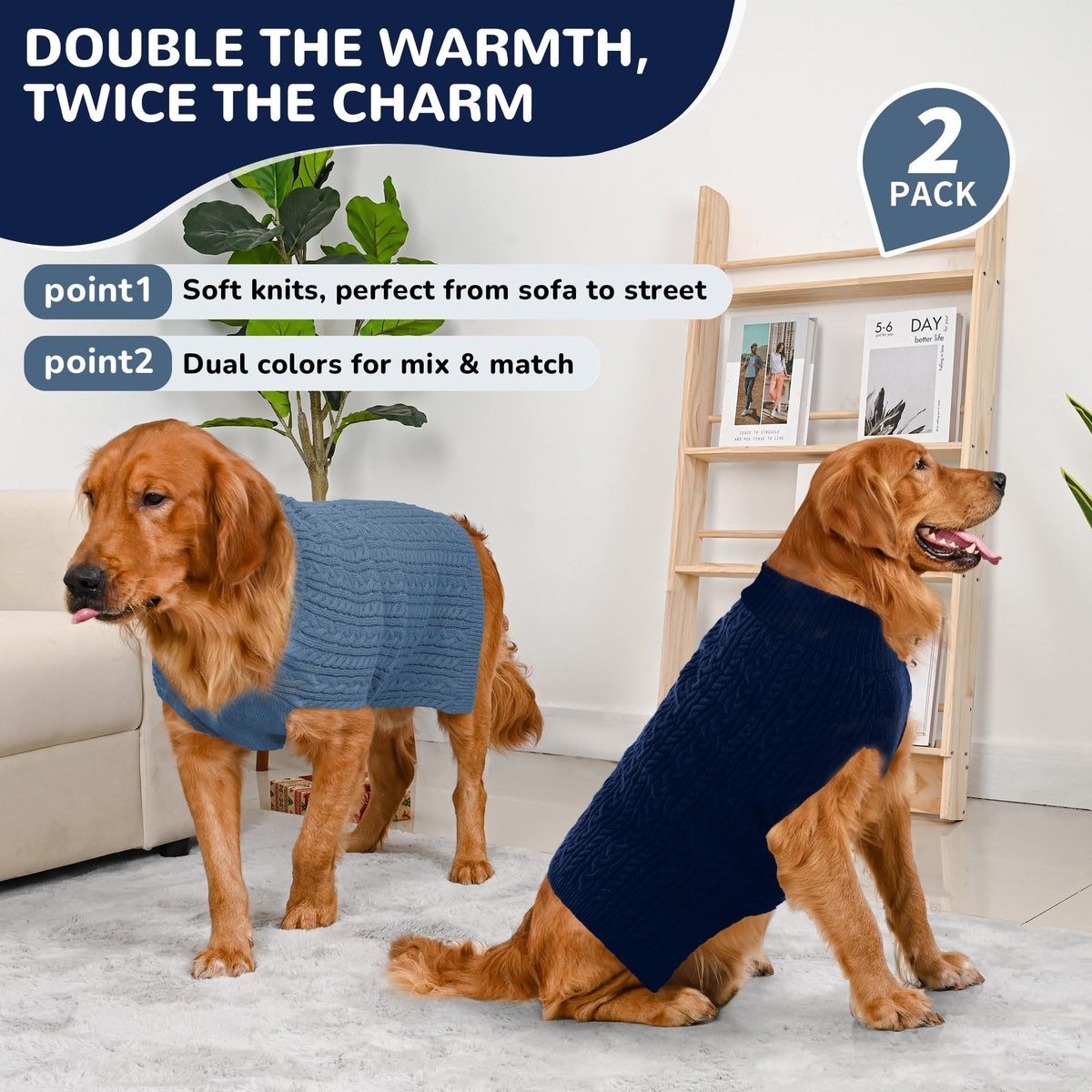 Dog Sweater 2 Pack for Large Dogs (Navy & Blue / X-Large)