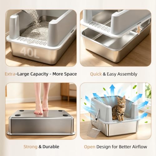 XL Stainless Steel Cat Litter Box with High Sided Enclosure (XL-Cool Grey)