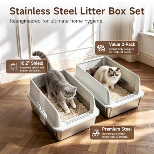 High Sided Stainless Steel XL Cat Litter Box for Cats (Grey XL 2PACK)