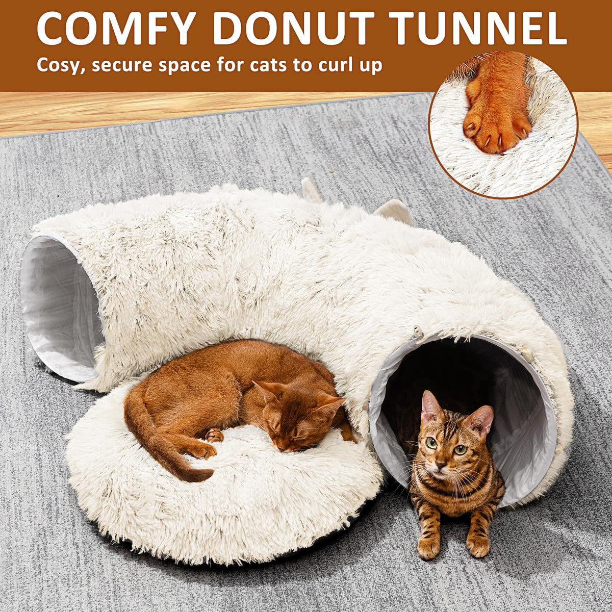 Cat Tunnel with Cat Bed for Indoor Cats (Cream white)