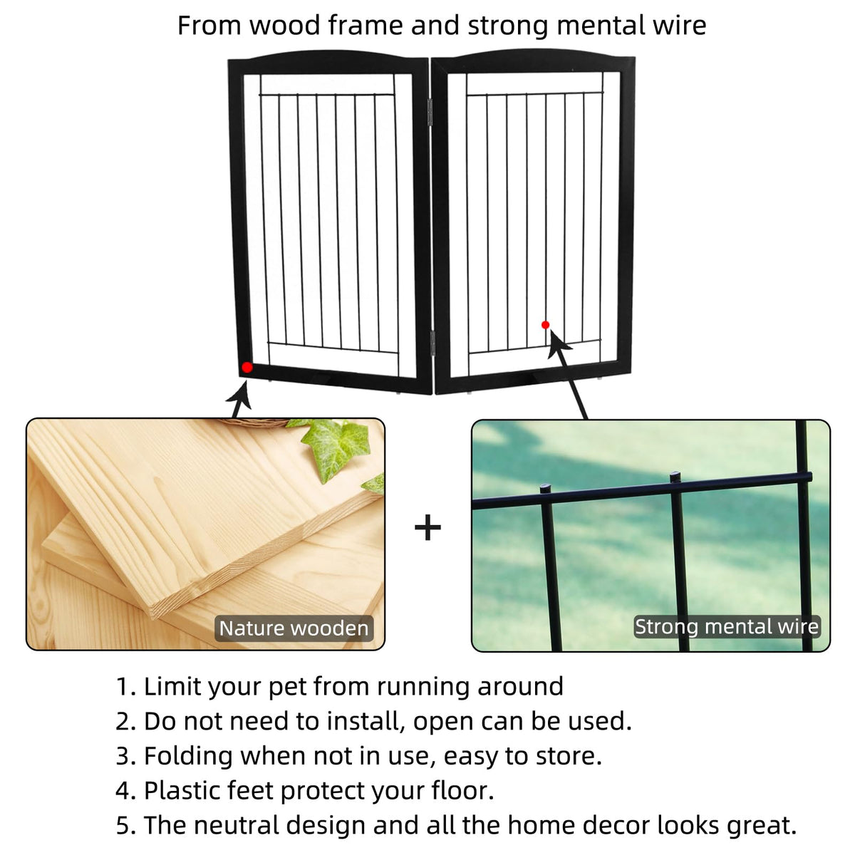 Freestanding Foldable Dog Gate for House Extra Wide Wooden Indoor Puppy Gate Stairs Doorways Pet Gate Tall Dog Fence 2 Panels Fence Black (Black / 【2 Panels】40''w x 32''h)
